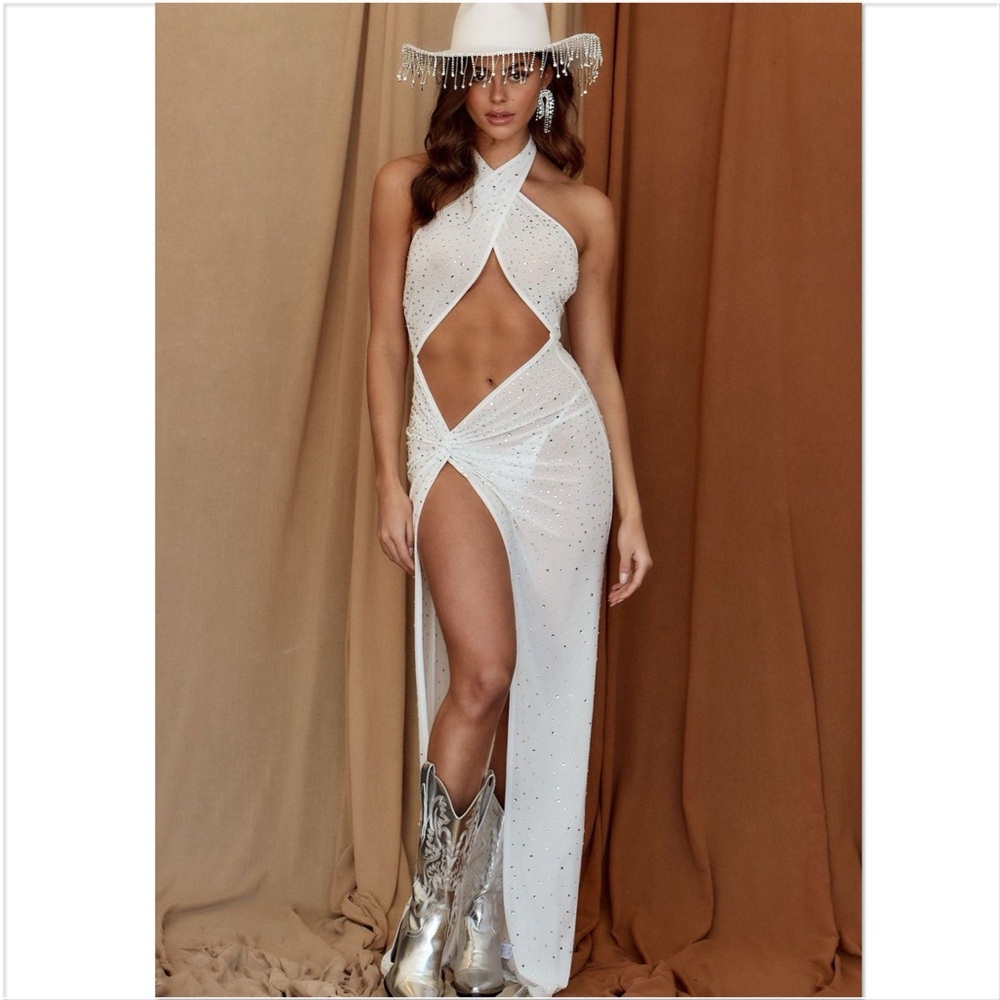 12th Tribe Cher Bride bride bachelorette white rhinestone maxi dress